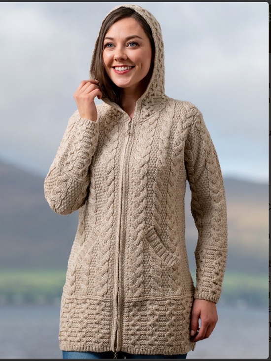 Aran Crafts Sweaters - Aran Crafts Irish Merino Wool Hooded Cardigan Zipper Pull Cable Knit Celtic